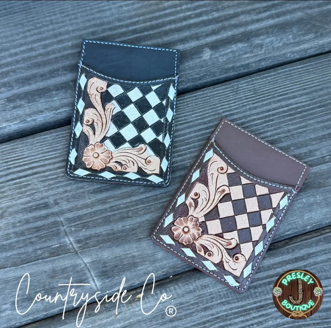 Tooled Checkered Leather Card Holder