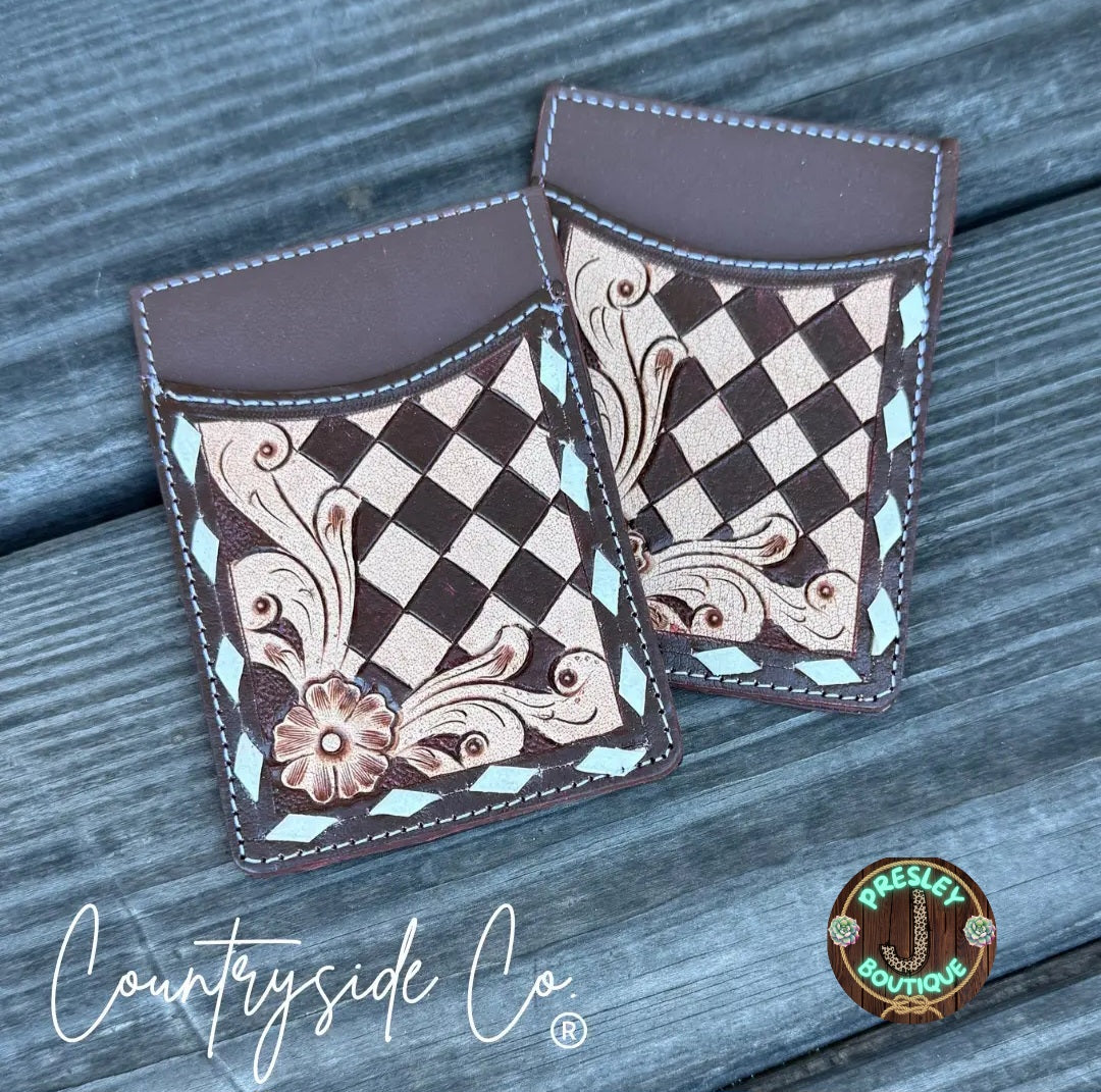Tooled Checkered Leather Card Holder