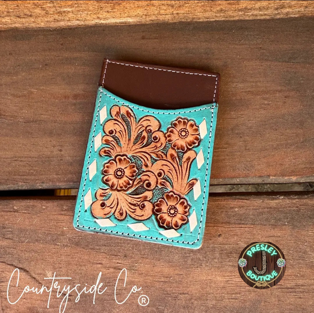 Tooled Checkered Leather Card Holder