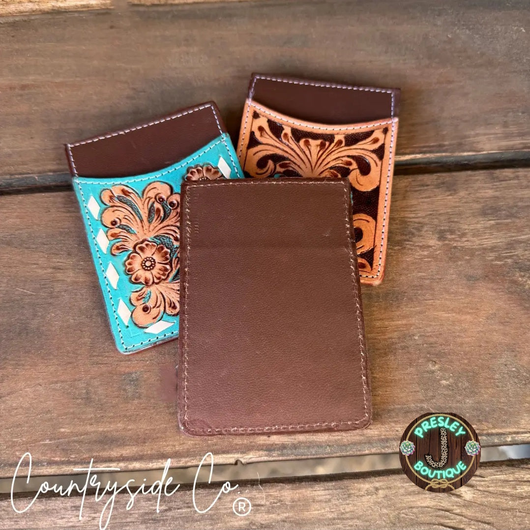 Tooled Checkered Leather Card Holder
