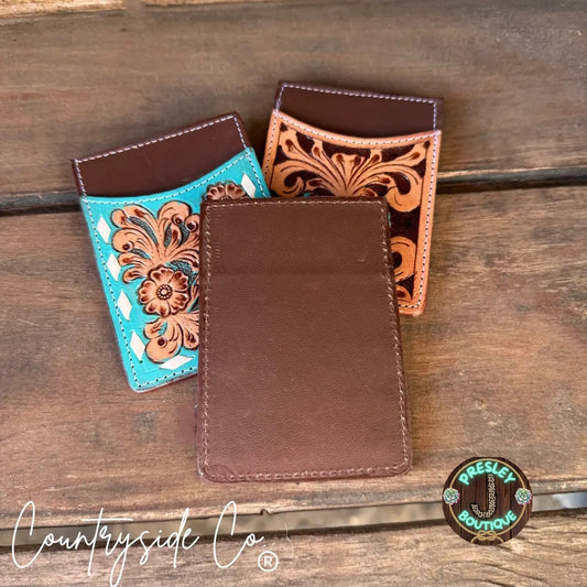 Tooled Checkered Leather Card Holder