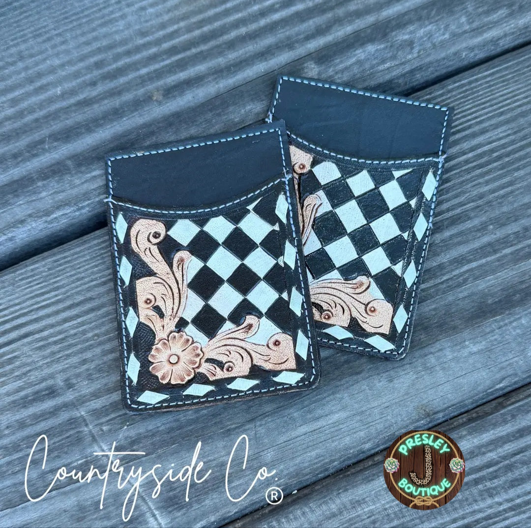 Tooled Checkered Leather Card Holder